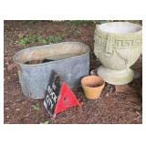 Concrete yard planter, bird house and more