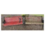 2 cast iron and wooden benches, one with broken