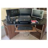3 monitors, desk, keyboard, HP Envy 5540 printer