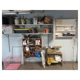 Contents of garage shelves, cabinet and floor,