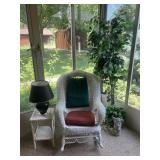 Wicker rocker and side table, faux ficus, table
