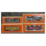 4 Lionel O scale train cars, 2 caboose, boxcar