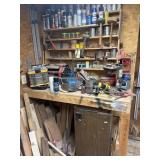 Contents of workshop table & mini fridge, drills,