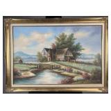 Framed 36' x 24' oil on canvas depicting pastoral