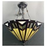 Hanging light fixture with leaded glass shade,