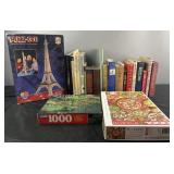 Group of books and puzzles, cooking, animals,