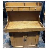Vintage pine dry sink with hutch top, porcelain
