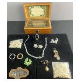 Group of fashion jewelry, pearls and music box