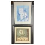 2 framed prints depicting flowers and cat, 20'