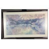 Framed print of a pastel landscape, unclearly