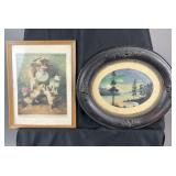 2 framed prints, one depicting shore at dusk in
