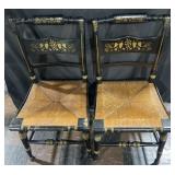 Pair of grape & leaf decorated chairs with rush