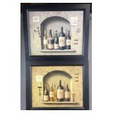 2 framed prints depicting wine bottles, each as