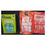 Crunchy roasted edamame 14 bags. Beef sticks 12