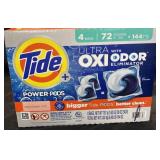 Box of 4 bags of tide pods, 72 count of pods per