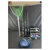 Group of fishing poles, tackle box with lures,