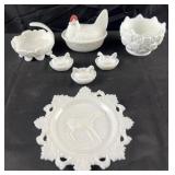 Group of decorated milk glass, hen on nest, bowl,