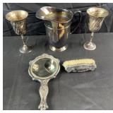 Antique mirror & brush, silver plate pitcher & 2