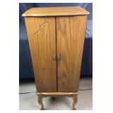Oak jewelry cabinet with mirrored hinged lid, 6