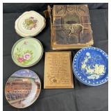 Antique Bible, Christmas plates, plaque and more