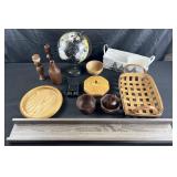 Group of decorative accessories, globe, wood