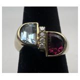 14k gold aquamarine, red garnet and diamond ring,