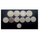 4 Barber quarters, 6 Liberty Head V nickels &