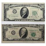 2 miscut $10.00 US bank notes, 1950-A & 1985