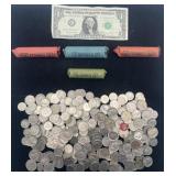 Collection of US coins and $1 note