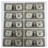 10 $1 Silver Certificate notes: 1 1935-D, 2