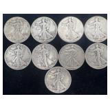 9 Walking Liberty silver half dollar coins, 3.54