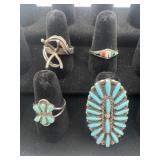 4 Sterling rings, 3 turquoise, 1 missing stone,