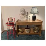 Storage shelf with decor, bust, vases, brass