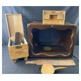 Antique record cabinet, shoe shine kit, strop and