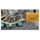 Tackle box w/ vintage wood lures and reels.
