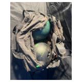 2 bowling balls, shoes and bag