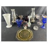 Pair of oil lamps and group of decorated glass