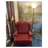Upholstered arm chair and floor lamp, 33' x 33' x
