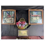 4 wall art, vintage print, framed needlework and