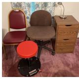 2 chairs, mechanics stool, file drawer and desk