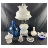 Vintage glass lamp and group of decorated glass