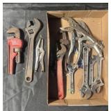 Group of crescent wrenches, vice grips and more