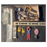 Group of tools, zip ties, level and more