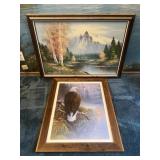 2 framed wall art, one depicting mountain stream