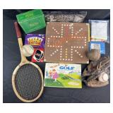 Group of vintage games, baseball mitt, balls and