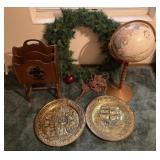 Group of decor including globe, magazine holder,