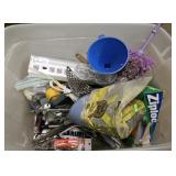 Tote of kitchen utensils, funnels, ziplocs,