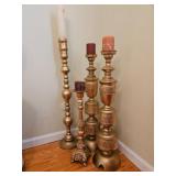 5 Tall Brass Candle Holders w/ Carved Detail