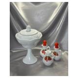 Milk Glass Lidded Pedestal Dish & Three Cruets