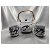 Ceramic Teapot & 2 Cups w/ Bamboo Handle